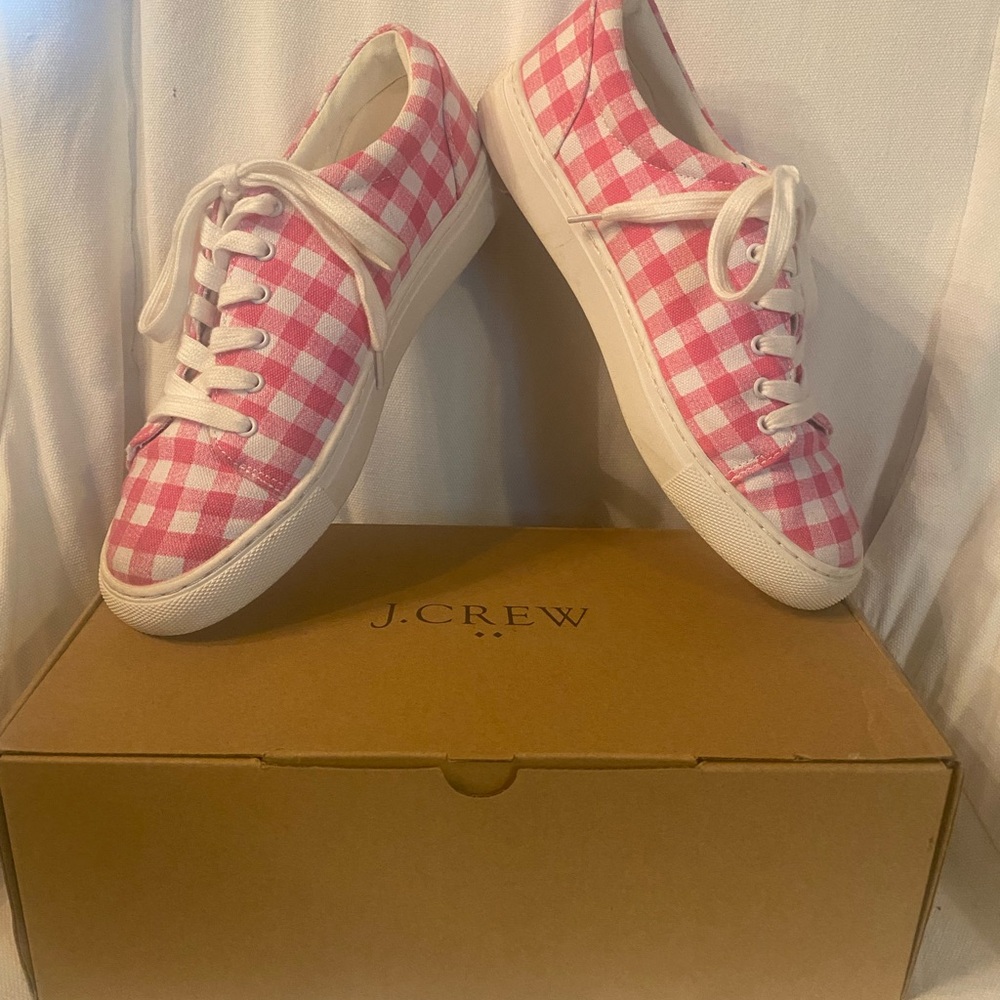 J. Crew preppy pink gingham canvas sneaker—like new condition